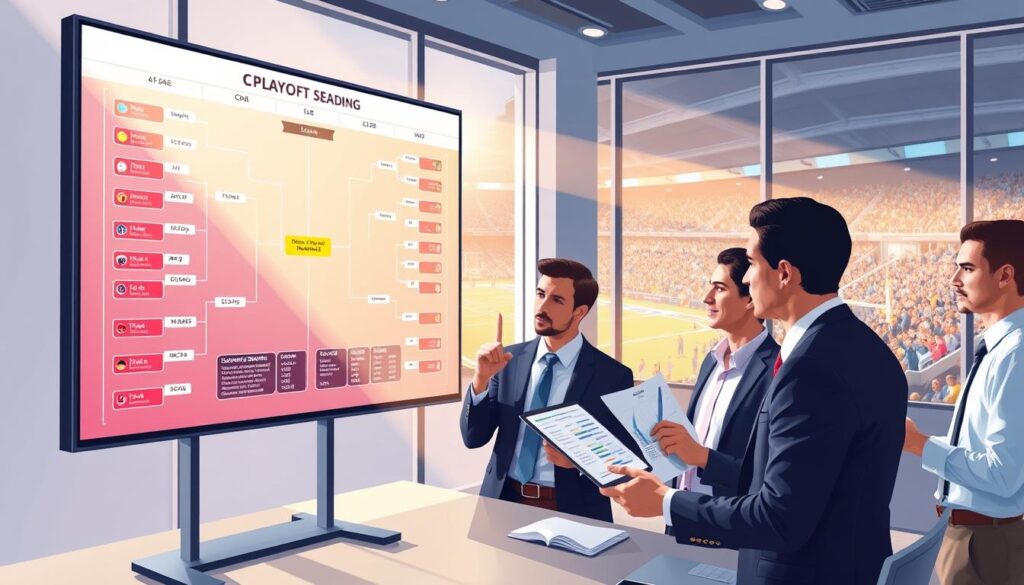 A visually engaging illustration of playoff seeding scenarios for the CIF playoffs, set in a bright, modern sports analysis room. In the foreground, a sleek, interactive digital board displays colorful bracket designs, showcasing various team matchups and seed lines. The middle ground features a diverse group of professional analysts in business attire, intently discussing the projections, with charts and statistics on tablets in their hands. The background includes large windows showing a lively sports arena, with fans in team colors. Soft, natural lighting filters in, creating an energetic yet focused atmosphere. The overall mood is one of anticipation and strategic planning, capturing the essence of competitive sports analysis.