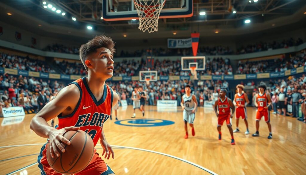 In a dramatic CIF playoff showdown, depict a vivid sports scene where amateur basketball players in vibrant uniforms are engaged in intense gameplay on an illuminated court. In the foreground, a determined player drives towards the basket, showcasing his skills as an underdog; his focused expression reflects hope and tenacity. In the middle ground, teammates and opponents look on, their body language showing a mix of tension and excitement, capturing the game's high stakes. The background reveals a packed gymnasium filled with enthusiastic fans waving banners, all under the glare of bright spotlights that enhance the dynamic atmosphere. Use a wide-angle perspective to emphasize the energy of the moment, and maintain a high-contrast lighting scheme to evoke an urgent, thrilling mood.