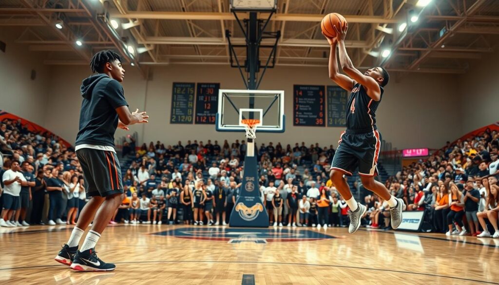 A basketball court scene capturing a split action moment illustrating "catch and shoot" versus "pull up" shooting techniques. In the foreground, two players wear fashionable athletic gear, both in focused stances; one is poised to catch a pass while the other showcases a powerful pull-up jump shot. The middle ground features the basketball hoop and a dynamic crowd of spectators, accentuating the excitement of the game. The background includes gymnasium details, like team banners and scoreboard lights reflecting an energetic atmosphere. The lighting is bright, mimicking a well-lit arena, with shadows that emphasize movement. The angle is slightly elevated to showcase the action from a spectator's perspective, creating an engaging and professional sports environment.