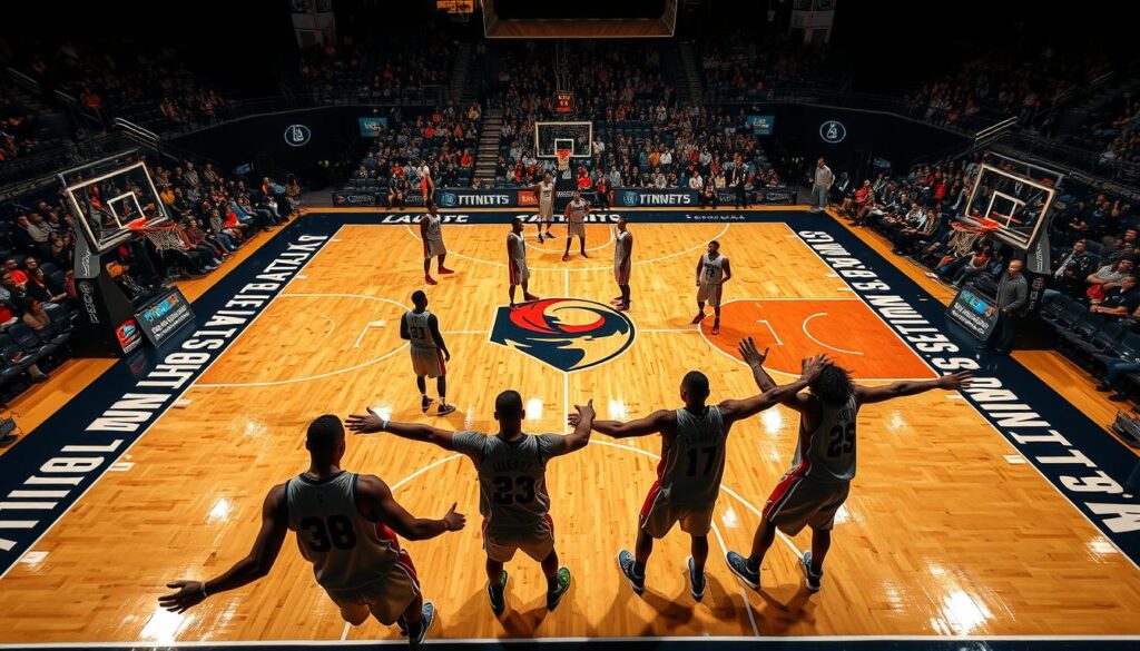 A basketball court viewed from a high angle, showcasing two distinct lineups. In the foreground, a focused group of five players in professional sports uniforms, demonstrating spacing techniques with arms extended and poised for dynamic movement. The middle section captures another group of players strategically positioned, emphasizing bench stagger minutes. The background features a vibrant crowd in a well-lit arena, with dramatic lighting illuminating the court's hardwood surface. The atmosphere is energetic and competitive, showcasing the pacing and tactical nuances of the game. The angle highlights both offensive and defensive formations, with attention to detail in player expressions and the court markings.