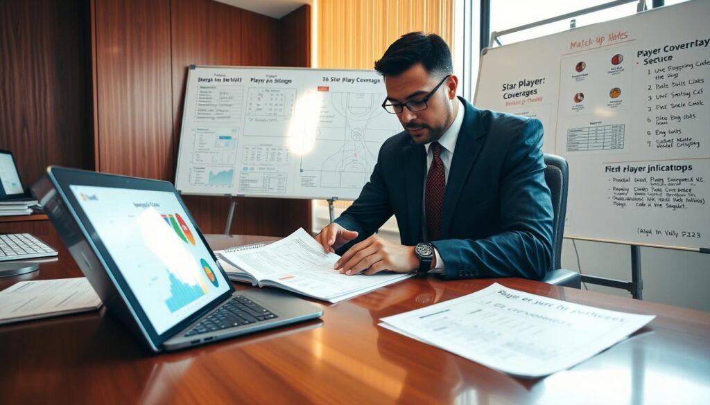 A basketball scout in a professional office setting, focused on analyzing data on an opponent's strengths and weaknesses. In the foreground, the scout, dressed in a smart business suit, is intently examining charts and player statistics on a laptop, with notes and graphs spread across a polished wooden desk. The middle ground features a large whiteboard filled with strategic plays and match-up notes, highlighting star player coverages and bench player performance indicators. In the background, a tall window lets in warm, natural light, creating a productive and determined atmosphere. The camera angle is slightly above eye level, capturing the scout's concentration and the organized workspace. The overall mood is one of strategic planning and professional diligence in the world of basketball analysis.