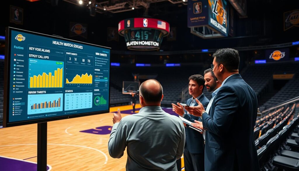 A detailed analysis of a basketball homestand, focusing on health watch statuses and player call-ups. In the foreground, a large digital sports analytics screen displays key player statistics, injury updates, and win targets, with vibrant graphs and charts. The middle layer features a group of diverse, professionally dressed sports analysts engaged in discussion, pointing at the screen and taking notes, capturing a dynamic teamwork atmosphere. The background showcases a dimly lit basketball arena with a polished hardwood floor and Lakers banners, evoking anticipation and excitement. Soft spotlighting highlights the analysts and the screen, creating a focused and intense mood, while shadows add depth to the scene. The image should appear sharp, as if captured with a 24mm lens, emphasizing the collaborative effort of strategizing for the upcoming games.