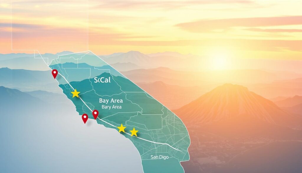 A detailed regional map of California highlighting under-the-radar high school prospects, featuring distinct areas labeled as SoCal, Bay Area, Central Valley, and San Diego. In the foreground, vibrant markers indicate promising high school locations, creatively illustrated with star icons. The middle ground showcases an artistic representation of California's diverse landscapes—mountains, coastlines, and urban centers—infused with subtle gradients of blue and green tones. The background should fade into a soft, pastel sky that transitions from warm sunset hues to cool twilight shades, creating an engaging atmosphere that invites exploration. The lighting is warm and inviting, casting a hopeful glow over the regions. Ensure a balanced composition that emphasizes the state’s geographic diversity and the hidden talent within, maintaining a professional and polished look without any text or overlays.