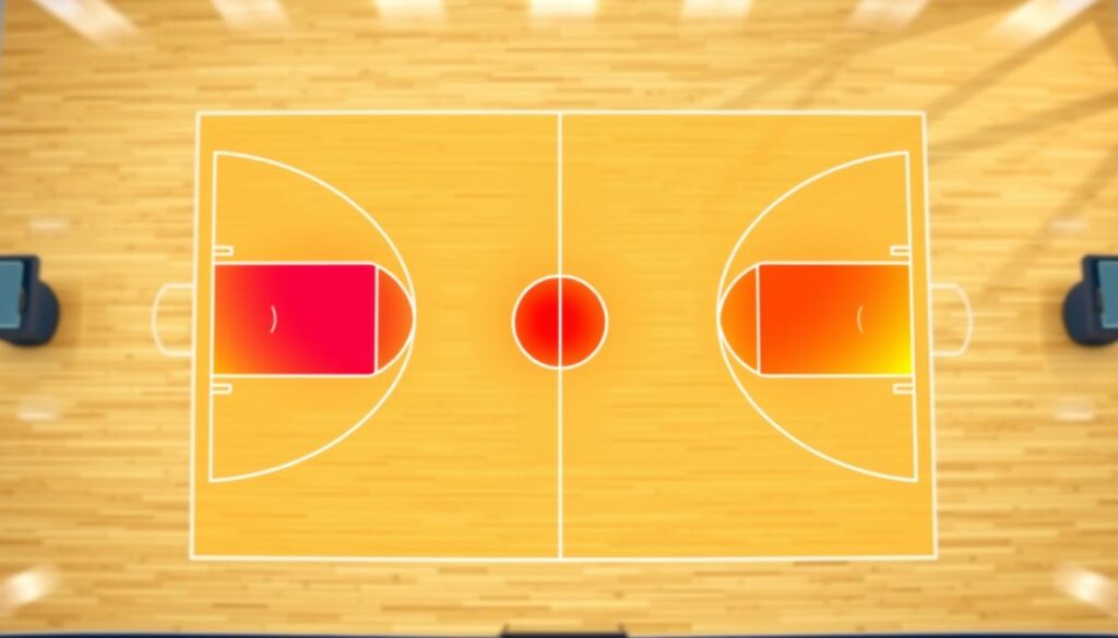A detailed shot chart image featuring basketball shot zones in a visually striking heat map style. In the foreground, a digital shot chart with color-coded zones depicting rim, mid-post, and three-point attempts, reflecting LeBron James' shooting performance. The middle layer highlights distinct heat areas, with warm colors where shots were made frequently and cooler tones for less successful zones. The background includes the silhouette of a basketball court, gently blurred to emphasize the chart. Bright, evenly distributed lighting enhances clarity, while a slight overhead angle provides a dynamic perspective. The mood is analytical and professional, suitable for sports analytics. No text, logos, or watermarks in the image.