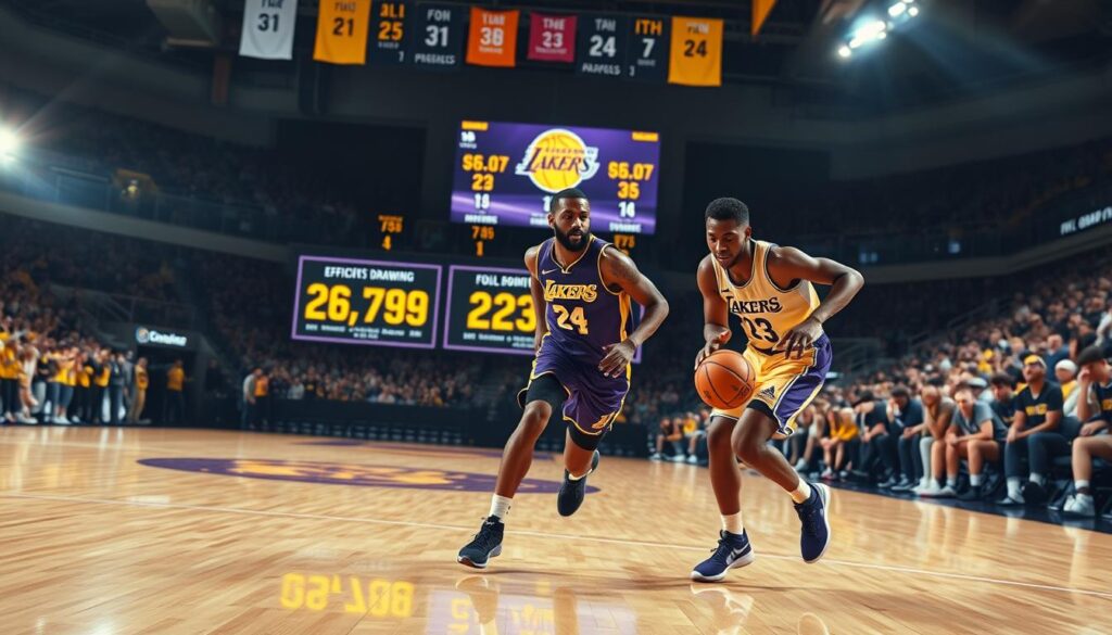 A dynamic basketball court scene featuring a Los Angeles Lakers guard in action, showcasing scoring efficiency. In the foreground, depict the guard dribbling the ball with focused determination, wearing a fitted Lakers uniform and athletic sneakers. The middle ground should include a well-designed scoreboard, displaying shooting percentages and analytics related to efficient foul drawing and three-point volume. In the background, illustrate enthusiastic fans in Lakers gear, adding a vibrant atmosphere. The lighting should be bright and dramatic, mimicking stadium floodlights, with a slight lens flare to highlight the intensity of the game. The overall mood is energetic and competitive, emphasizing the theme of growth and skill development in basketball.
