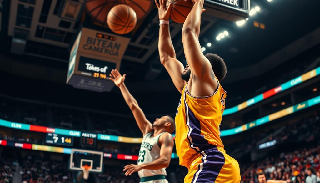 A dynamic basketball scene capturing Anthony Davis in a defensive stance, poised to block a shot. He wears a sleek, modern Los Angeles Lakers uniform, showcasing his impressive physique and concentration. The foreground focuses on Davis, muscles tensed and eyes locked on the ball, perfectly illustrating his rim protection skills. In the middle ground, an opposing player attempts a contested jump shot, anxiety evident in his posture as he encounters Davis's looming presence. The background features a crowded basketball arena illuminated by bright overhead lights, creating an electric atmosphere filled with fans. The camera angle is slightly low and angled upward, emphasizing Davis's height and defensive prowess. The mood is tense and exhilarating, highlighting the critical moment of contact balance and foul avoidance in basketball.