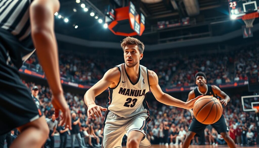A dynamic basketball scene capturing Austin Reaves executing a pick and roll on the court. In the foreground, Austin Reaves, wearing a sleek, modern basketball uniform, drives towards the basket with intensity and focus. His expression shows determination and strategic thinking. The middle ground features a teammate setting a solid screen, while defenders react, showcasing tension in the moment. In the background, a vibrant basketball arena filled with fans, illuminated by bright overhead lights, creates an energetic atmosphere. The shot is taken from a low angle, emphasizing the height and excitement of the game, with a shallow depth of field that softly blurs the cheering crowd. The overall mood reflects competitive energy and decision-making maturity.