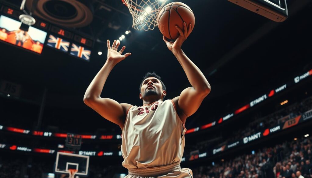 A dynamic basketball scene capturing a professional player in action, focused on rebounding. The foreground features the player wearing simple sports attire, positioned aggressively to box out an opponent for a contested rebound. Muscles are tense and posture is athletic, reflecting determination. In the middle ground, a basketball arc hints at a recent shot. The background shows a packed arena with spectators, highlighted by dramatic stadium lighting that creates a contrast of shadows and highlights, emphasizing the intensity of the moment. The angle is slightly low to give a sense of power and urgency, while the overall mood conveys high energy and competitive spirit in the pursuit of victory.