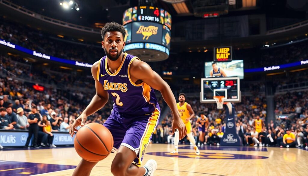A dynamic basketball scene featuring Los Angeles Lakers guard Austin Reaves in action during a game, wearing a purple and gold jersey. In the foreground, he is skillfully dribbling the ball, showcasing his agility and focus. In the middle ground, Anthony Davis is positioned nearby, preparing to set a screen, illustrating their on-court synergy. The background depicts a crowded arena with enthusiastic fans in Lakers colors, and the scoreboard showing an exciting game atmosphere. The lighting is bright and vibrant, with arena spotlights highlighting the players. The angle captures the intensity of the moment, emphasizing teamwork and strategic play, all while evoking a sense of growth and potential. The overall mood is energetic, reflecting the competitive spirit of basketball.