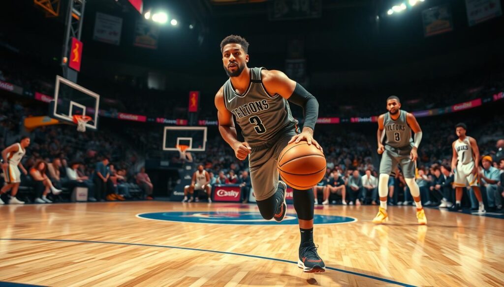 A dynamic basketball scene featuring a professional player resembling Anthony Davis, dressed in a sleek, modern basketball uniform. In the foreground, he is rolling toward the basket, showcasing his exceptional footwork and athleticism, with a determined expression. The middle ground captures a teammate preparing to pass the ball to him, highlighting the strategic passing aspect of the short roll. The players are surrounded by a vibrant basketball court, complete with detailed court markings and spectators in the background, all under bright arena lighting that creates dramatic shadows. The atmosphere is intense and focused, emphasizing teamwork and skill, with vivid colors to reflect the energy of the game. The angle is slightly low to give a sense of height and movement, enhancing the action-packed feel of the moment.