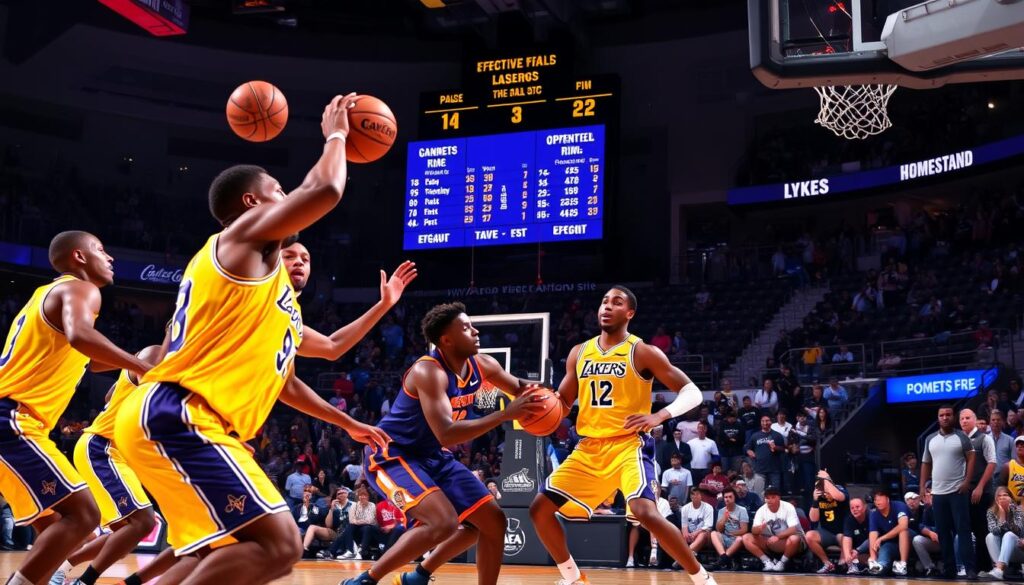 A dynamic sports scene focusing on an intense basketball game featuring the Los Angeles Lakers. In the foreground, a diverse group of players in official Lakers uniforms competes fiercely for the ball, showcasing agility and determination. The middle ground highlights an arena filled with passionate fans, wearing Lakers merchandise, cheering enthusiastically. The background features a high-tech scoreboard displaying key statistics like pace, effective field goal percentage (eFG%), free throw rate, and opponent rim attempts, creating an analytical atmosphere. The lighting is dramatic, with spotlights illuminating the court, while ambient light reflects off vibrant team colors. The shot is captured from a slightly elevated angle, conveying the energy and urgency of the matchup, evoking excitement and anticipation for the homestand.