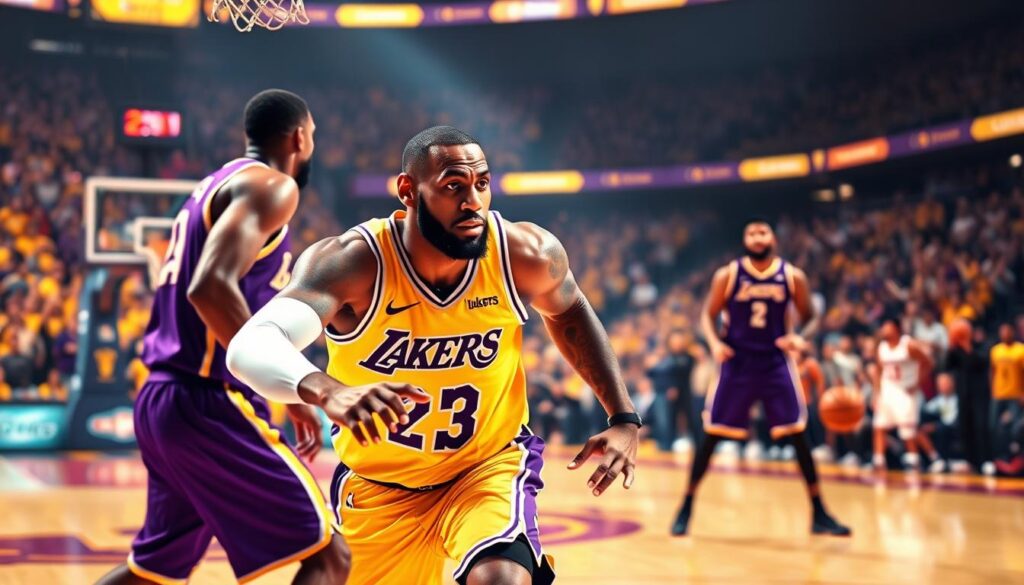 A dynamic visualization of "Lakers player efficiency," showcasing LeBron James, Anthony Davis, and Austin Reaves engaged in an intense basketball game. In the foreground, LeBron, wearing a sleek Lakers jersey, passionately drives towards the basket, his focus intense as he calculates his next move. Davis, positioned behind him, displays his defensive prowess with an athletic stance. Reaves stands ready at the three-point line, poised to receive a pass. The middle ground captures the fast pace of the game, with other players and a blurred basketball court, emphasizing the energetic atmosphere. In the background, a vibrant crowd in Lakers colors raises their hands, supporting their team. The lighting is dramatic, highlighting the players against the ambient arena glow, creating an electrifying and competitive mood.
