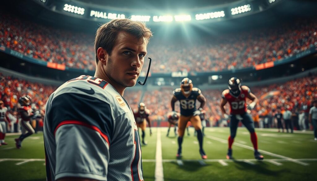 A focused quarterback stands at the center of a football field during a crucial play, showcasing intense decision-making under pressure. The foreground features the quarterback in a professional uniform, eyes scanning the field for options, with sweat glistening on his brow to emphasize the tension. In the middle ground, opposing defenders close in, creating a feeling of urgency and challenge. The background captures a vibrant stadium filled with cheering fans, the excitement palpable under bright stadium lights that cast dramatic shadows. A shallow depth of field hones in on the quarterback, while a slight tilt-shift adds a cinematic quality to the scene. The overall mood conveys determination and strategy, encapsulating the high stakes of third down and red zone situations in the game.