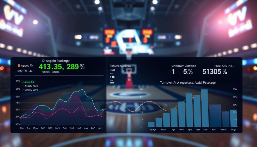 A futuristic sports analytics dashboard showcasing D'Angelo Russell's playmaking assist percentage and turnover rate analysis. In the foreground, sleek graphs displaying colorful data points and percentages, with a focus on assist points created by passes and turnover control metrics. The middle layer features a visual representation of pick and roll rankings, interconnected lines and bar charts merging seamlessly with the data graphics. In the background, a blurred basketball court setting, highlighting a digital scoreboard with ambient stadium lights illuminating the scene. The mood is focused and analytical, conveying a sense of professionalism and depth. Capture the essence of sports analytics with a high-tech aesthetic, emphasizing clarity and precision, with a slight overhead angle to enhance the depth of the visual data.