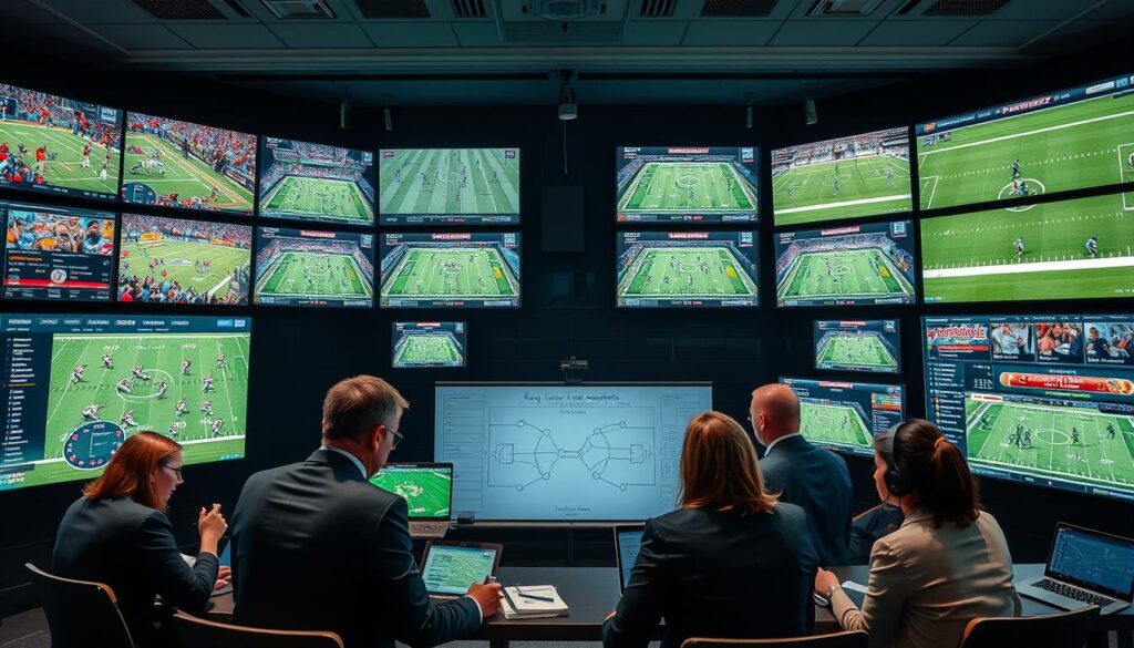 A high-tech film room filled with large screens displaying various football plays and analytics, with a focus on key leverage concepts that influence championship games. In the foreground, a diverse group of analysts in professional business attire studying the screens intently, making notes and discussing strategies. In the middle, a whiteboard covered with tactical diagrams, highlighting formations and concepts, alongside laptops displaying live data feeds. The background features dimmed lighting with focused light on the screens, creating a serious and intense atmosphere, reminiscent of strategic planning sessions. The image captures the essence of in-depth analysis and a collaborative sports environment, aiming to convey the weight of decision-making at championship levels.
