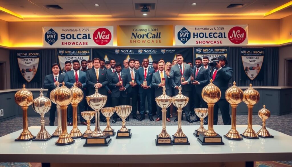 A lavish football awards ceremony setting in a well-lit hall, featuring elegantly arranged trophies and medals displayed prominently on a sleek table in the foreground. In the middle, a diverse group of athletes in professional business attire, including suits and ties, proudly holding their MVP awards, gathered in small groups, smiling and congratulating each other. The background showcases banners celebrating the NorCal vs SoCal showcase event, with warm, golden lighting casting a celebratory glow over the scene. A photographer captures the moment with a DSLR camera using a 50mm lens, creating a shallow depth of field that softens the background, enhancing the vibrant atmosphere of achievement and camaraderie.