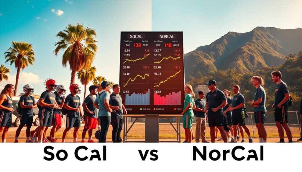 A split scene illustrating "SoCal vs NorCal recruiting stock analysis." In the foreground, two groups of young athletes in professional sports attire engage in discussions, showcasing their athletic gear. The left side represents Southern California with palm trees, sunny skies, and a vibrant beach setting, while the right side depicts Northern California's lush greenery and mountainous background. In the middle ground, a large scoreboard displays fluctuating stock-like graphs, visually depicting player stock trends—some rising and others falling—with arrows indicating movement. The lighting is warm and energetic for SoCal, transitioning to a cooler, focused atmosphere for NorCal, symbolizing the competitive spirit. Use a wide-angle lens effect to capture both regions distinctly while maintaining balance in the composition. The overall mood is dynamic and professional, reflecting the intense recruiting landscape in youth sports.