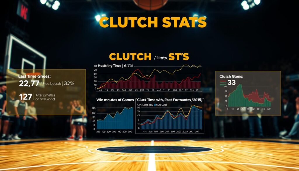 A tightly framed image illustrating "clutch stats" in basketball. In the foreground, a stylized basketball court graphic with highlighted areas showing key performance metrics, like shooting percentages and win probability. In the middle, an engaging visual representation of graphs and charts depicting trends in clutch time performance, emphasizing the last five minutes of games, featuring dynamic lines and bright colors. In the background, a blurred image of a cheering crowd, enhancing the sense of urgency and excitement. The lighting should be dramatic, resembling game night with focused spotlights illuminating the court. The mood conveys intensity and critical decision-making moments, creating a sense of urgency and importance in the statistics presented.