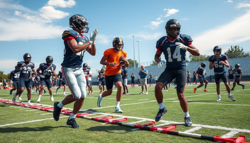 A vibrant football recruiting camp scene showcasing high school athletes performing various training drills. In the foreground, a group of diverse players in professional athletic attire engages in agility ladder drills, showing their speed and control. In the middle, coaches observe and provide feedback, while other athletes practice passing and receiving techniques. The background features a well-maintained football field, marked with yard lines and goalposts, under a bright, clear blue sky with soft, diffused sunlight highlighting the players. The atmosphere is energetic and focused, capturing the essence of hard work and ambition in a competitive environment. The perspective is slightly elevated, giving an overview of the camp while emphasizing the action on the field.