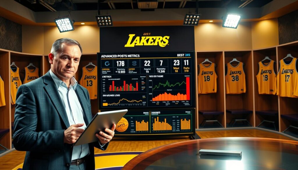 A detailed and vibrant Lakers postgame report scene in a modern sports analysis studio. In the foreground, a professional-looking analyst in smart casual attire presents analysis on a sleek digital tablet. The middle features a large high-definition screen displaying advanced metrics, critical plays highlighted, and dynamic charts analyzing player fatigue and injury loads. The background shows a stylized locker room with Lakers jerseys hanging, emphasizing the team spirit. Soft overhead lighting casts a warm, focused glow, creating a serious yet engaging atmosphere. The camera angle is slightly elevated, giving a comprehensive view of the analyst and screen, suggesting a critical, in-depth analysis of the game. The overall mood is analytical and focused, perfect for a sports report.