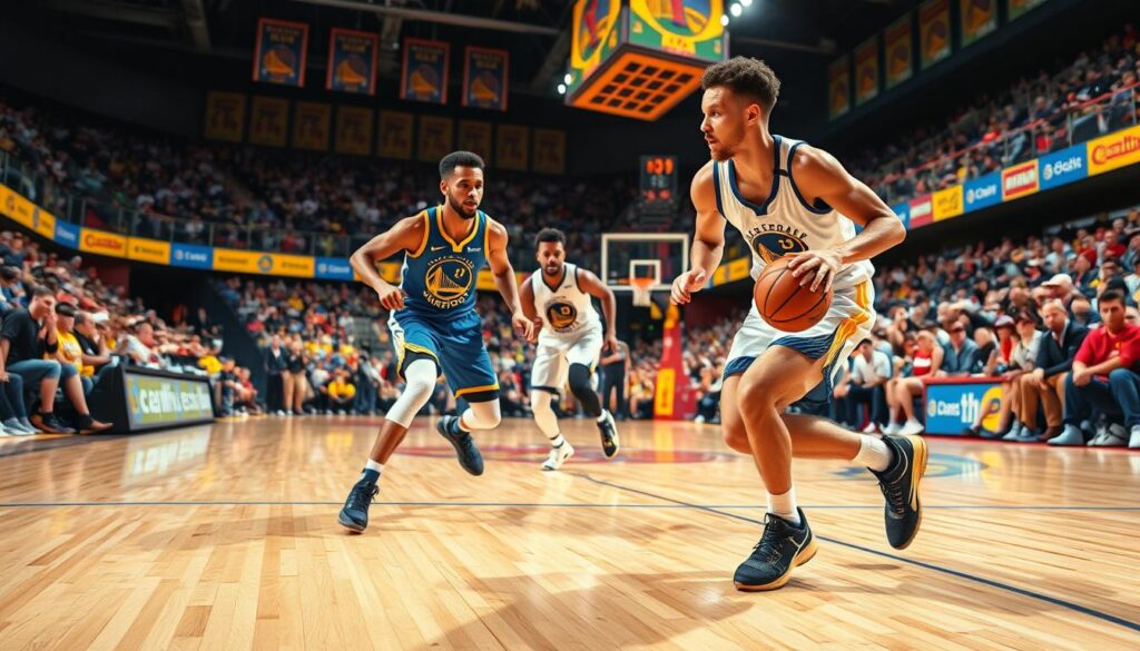 A dynamic basketball scene capturing Steph Curry in the foreground, dribbling the ball with determination as he navigates around an imaginary defender, embodying his signature quickness and skill. In the middle ground, Draymond Green sets a strategic screen, showcasing their two-man game strategy, while the background features a vibrant basketball court with fans cheering in high spirits, colorful team banners hanging from the rafters. The lighting is bright and intense, simulating an energetic game atmosphere, with sharp shadows cast on the polished hardwood floor. The perspective is slightly low, emphasizing the intensity and athleticism of the players. The overall mood is competitive and exhilarating, embodying the high stakes of the California Classic rivalry.