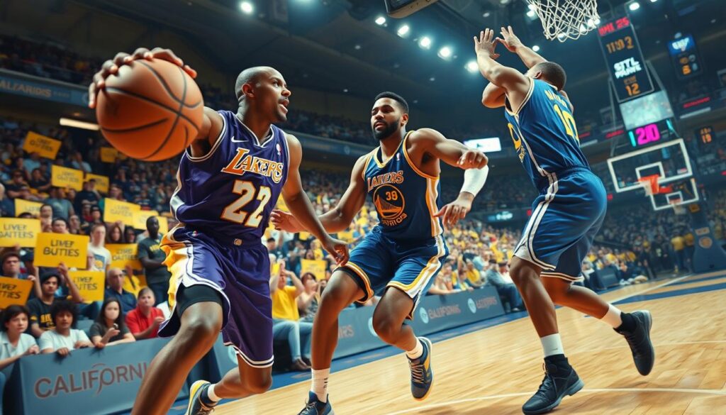 A dynamic basketball scene capturing a fierce rivalry between the California Classic Lakers and the Warriors. In the foreground, focus on an aggressive player in a purple Lakers jersey making a powerful drive toward the basket, eyes locked on the hoop, while a determined opponent in a blue Warriors jersey attempts to block. The middle ground showcases cheering fans in a vibrant arena, with signs and team colors creating an electric atmosphere. In the background, a dramatic basketball court under bright arena lights, reflecting off polished hardwood. Use a low-angle shot to emphasize the intensity of the moment, enhancing the sense of motion and excitement. The mood is competitive and passionate, conveying the essence of a classic rivalry matchup.
