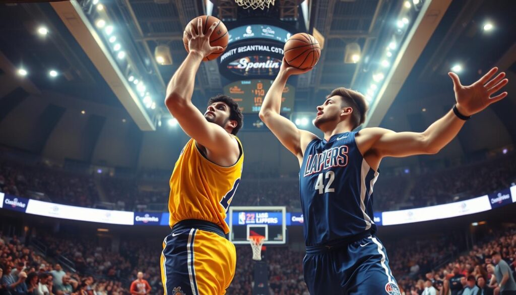 A dynamic basketball scene capturing a small ball matchup between Anthony Davis and Ivica Zubac during an intense game. In the foreground, Anthony Davis is depicted in a Los Angeles Lakers jersey, showcasing his athleticism as he leaps for a rebound, his expression focused and determined. Opposite him, Ivica Zubac, wearing a Los Angeles Clippers jersey, stretches out his arms in defense, embodying the competitive spirit. The middle ground features an action-packed basketball court with spectators in the background, filled with excitement and energy. Bright arena lights spotlight the players, creating dramatic shadows and highlighting their athletic build. The angle is low, emphasizing the height of the players against the cheering crowd, capturing the atmosphere of an epic city rivalry. The overall mood is charged with anticipation and competitive intensity.