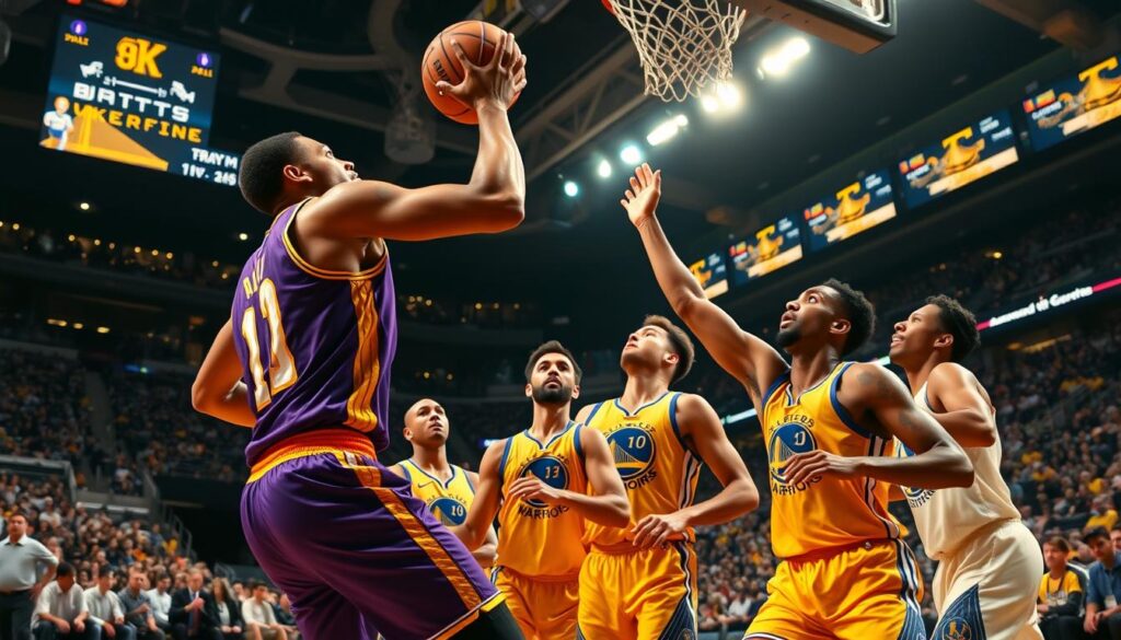 A dynamic basketball scene capturing the intense matchup of Anthony Davis against a small ball lineup. In the foreground, portray Anthony Davis in a sleek, purple and gold Lakers uniform, showcasing his exceptional height and skill as he goes for a rebound. Surround him with shorter, agile Warriors players showcasing their small-ball strategy, all in vibrant blue and yellow jerseys. In the middle ground, emphasize the scrappy battle for possession, with the tension palpable in their focused expressions. The background features a bustling crowd in a modern arena, illuminated by dramatic lighting that highlights the action. The atmosphere is electric, conveying the competitive spirit of this classic rivalry, shot from a low angle to emphasize the players' intensity and athleticism.