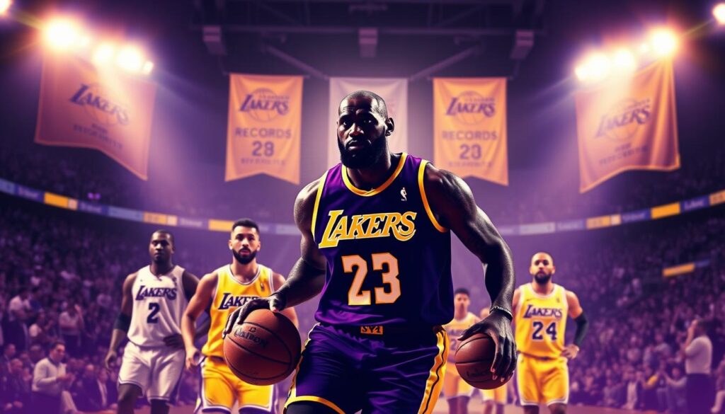 A dynamic basketball scene illustrating the Los Angeles Lakers' franchise records, featuring a collage of iconic moments in a vibrant purple and gold color palette. In the foreground, a silhouette of LeBron James in an action pose, dribbling a basketball, representing his pursuit of milestones. The middle ground showcases other key players in recent history, dressed in Lakers uniforms, displaying intensity and focus, with a blurred crowd in the background to evoke the atmosphere of a live game. Bright arena lights cast dramatic shadows, highlighting the players’ athleticism. In the far background, banners with record achievements hang prominently, symbolizing the team's legacy. The overall mood is one of excitement and anticipation, capturing the essence of upcoming milestones in Lakers history.