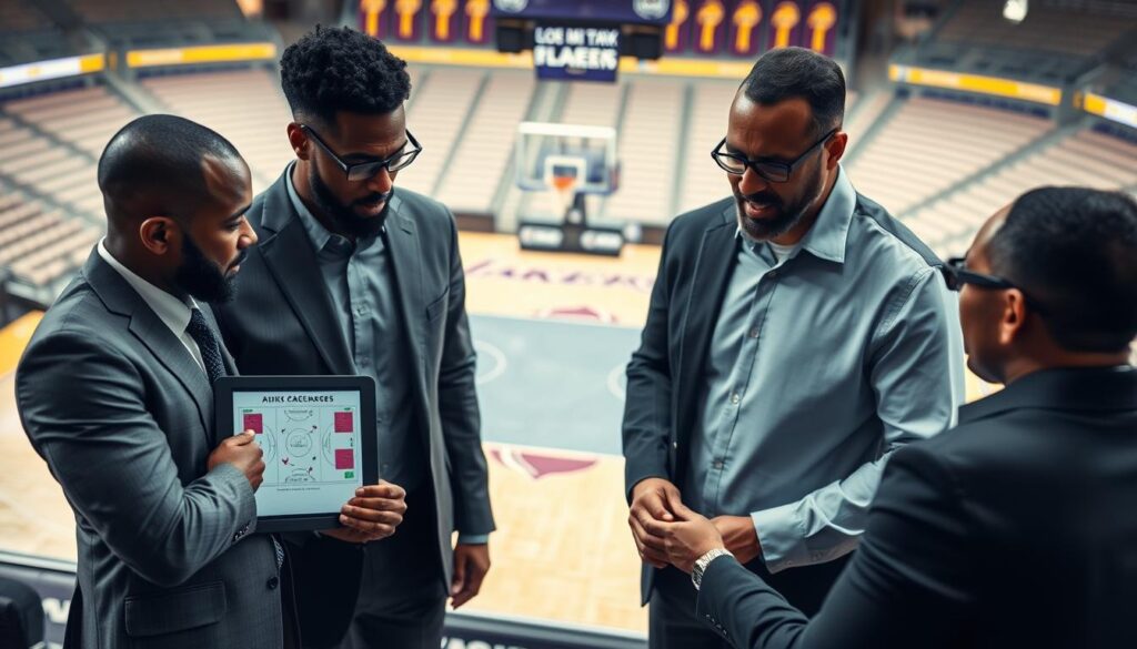A dynamic scene depicting a Los Angeles Lakers basketball game strategy session during a road trip, focusing on special teams and tactical discussions. In the foreground, a diverse group of professional coaches in smart casual attire intensely analyzes play diagrams on a tablet and whiteboard, highlighting ATOs, zone packages, and defensive strategies. The middle ground features an overhead view of a basketball court, showcasing a digital playbook with diagrams of junk defenses, while the background includes a blurred image of an empty arena with Lakers colors and banners. Soft ambient lighting casts a professional tone, emphasizing teamwork and preparation. The mood is focused and strategic, capturing the essence of game-time decision-making during a tense road trip.