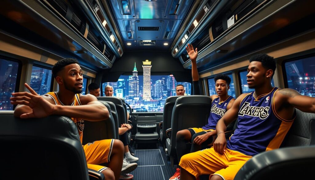 A dynamic scene showcasing a Los Angeles Lakers team during a strategic rest break on a multi-city road trip. In the foreground, young players enthusiastically engaging in a light stretching routine, wearing official Lakers gear, showcasing their athleticism and energy. The middle ground features a cozy bus interior designed for team travel, with thoughtful amenities like adjustable seats and snack provisions, emphasizing comfort. In the background, a night view of a vibrant city skyline, symbolizing their various destinations. Soft, ambient lighting creates a relaxed yet focused atmosphere, captured with a wide-angle lens to emphasize the team bonding experience. A sense of anticipation and teamwork permeates the composition, highlighting the importance of managing fatigue while on the road.