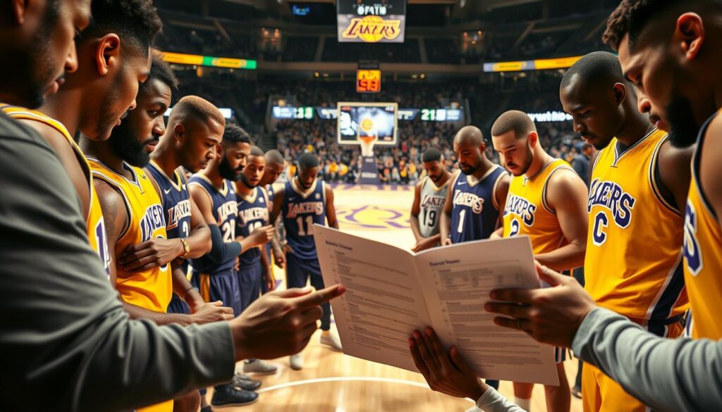 A dynamic scene showcasing the Los Angeles Lakers in a strategy huddle during a road trip game. In the foreground, a diverse group of players, dressed in professional team colors, focus intently on a detailed playbook, emphasizing defensive assignments. They display a mix of body language, from concentration to determination. The middle ground highlights an illuminated basketball court, with the iconic Lakers logo at center court and a packed audience in the background. Soft, dramatic lighting casts shadows, enhancing the intensity of the moment. Capture this from a low angle to emphasize the players' engagement and the grandeur of the arena, creating an atmosphere of teamwork and strategic planning.
