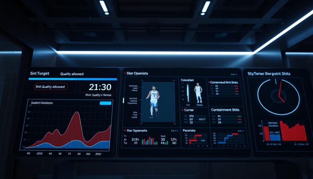 A futuristic sports analytics dashboard featuring dynamic visualizations and statistics related to basketball defense. The foreground highlights prominent graphs and charts illustrating shot quality allowed, with detailed metrics on rim and corner three-point shots. In the middle ground, a sleek digital interface displays player statistics, focusing on star opponents and their containment strategies. The background features a dimly lit, high-tech sports analysis room, with subtle LED lighting casting an ambient glow. The overall mood conveys a sense of urgency and professionalism, perfect for in-depth sports analysis. Capture this scene from a slightly elevated angle, using a focus that gives depth to the dashboard elements, while keeping the composition organized and visually engaging.