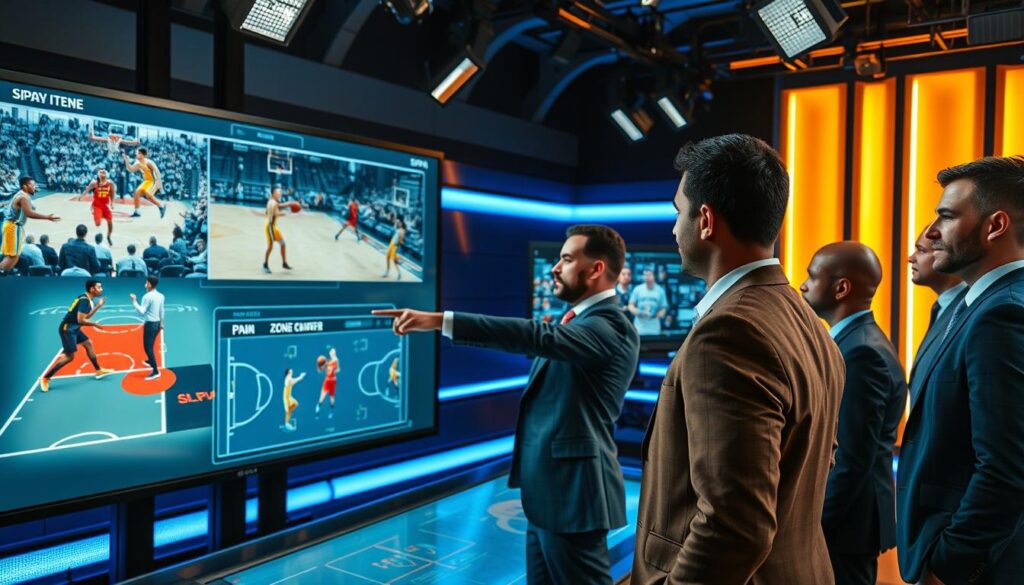 A high-energy basketball analysis scene featuring a diverse group of sports analysts in a modern studio setting. In the foreground, a focused analyst points at a large screen displaying dynamic film clips of basketball plays, specifically focused on Spain PnR (Pick and Roll) zone counters. The middle ground showcases a detailed touch screen filled with basketball diagrams and player movements, illustrating intricate strategies. The background includes sleek, high-tech studio equipment, with vibrant LED lighting casting a professional glow in blue and gold tones. The atmosphere conveys a sense of intense focus and excitement, capturing the essence of breaking down plays in a fast-paced analysis environment. The analysts are dressed in smart casual attire, reflecting a professional and engaging vibe.