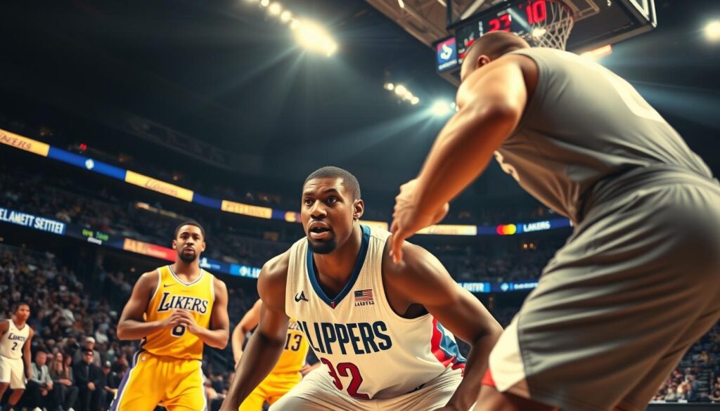 A high-energy basketball scene capturing Kawhi Leonard defended by an opponent on the court, showcasing his signature defensive stance. In the foreground, Kawhi is in an intense gaze, muscles tensed, wearing the Los Angeles Clippers jersey, focused and ready to react. The middle ground features teammates watching, engaged, while in the background, the Staples Center is filled with fans, the excitement palpable. The arena's lighting casts bright beams highlighting the players, creating a dramatic atmosphere. The camera angle is slightly low, emphasizing the players' height and the stakes of the game. The mood is tense yet electric, reflecting the rivalry of the Lakers and Clippers.