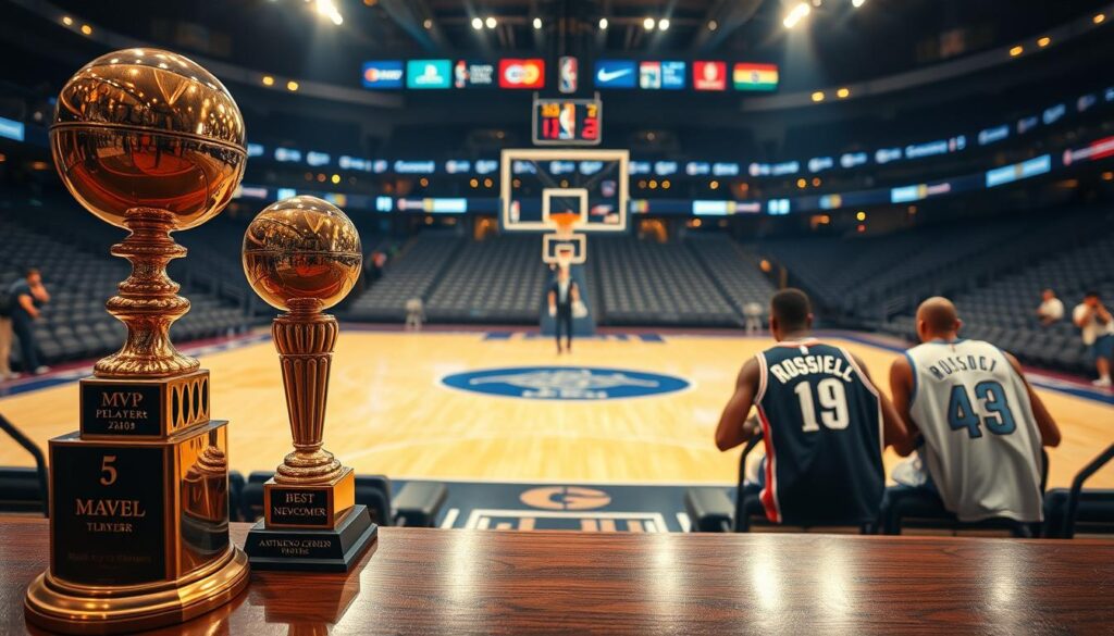 A polished trophy display showcasing various player awards prominently in the foreground, including a shining MVP award, a under five-player trophies, and a best newcomer trophy, all illuminated by soft, warm lighting. In the middle ground, a sleek basketball court laid out with jerseys of Reaves, D'Angelo Russell, and Anthony Davis draped over the benches, symbolizing their contributions. The background features the iconic Staples Center with its vibrant blue and gold lights, creating a lively atmosphere. The scene captures a sense of achievement and camaraderie among players, highlighted by dynamic angles that evoke excitement and professionalism, all under a soft-focus lens that adds an element of warmth and nostalgia.