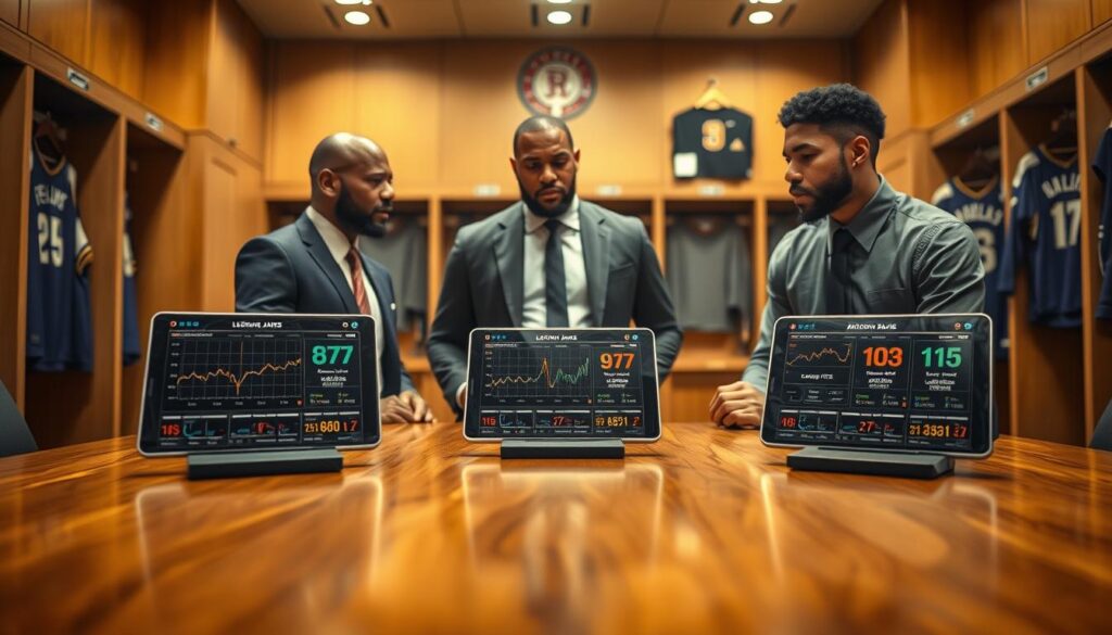 A postgame report scene capturing a basketball locker room ambiance. In the foreground, a polished wooden table with digital devices displaying advanced metrics and statistics, including graphs and player stats. In the middle ground, prominent figures in professional business attire: Coach Ham, LeBron James in a smart jacket, and Anthony Davis in a tailored shirt, engaged in a serious discussion, analyzing game strategies. In the background, a slightly blurred locker area with jerseys hanging and sports memorabilia. Warm lighting highlighting the intensity of the discussion, creating a focused, post-game atmosphere. The image should evoke a sense of professionalism and critical analysis after a game, with an engaging, intimate feel. Ensure there are no text overlays or distracting elements.