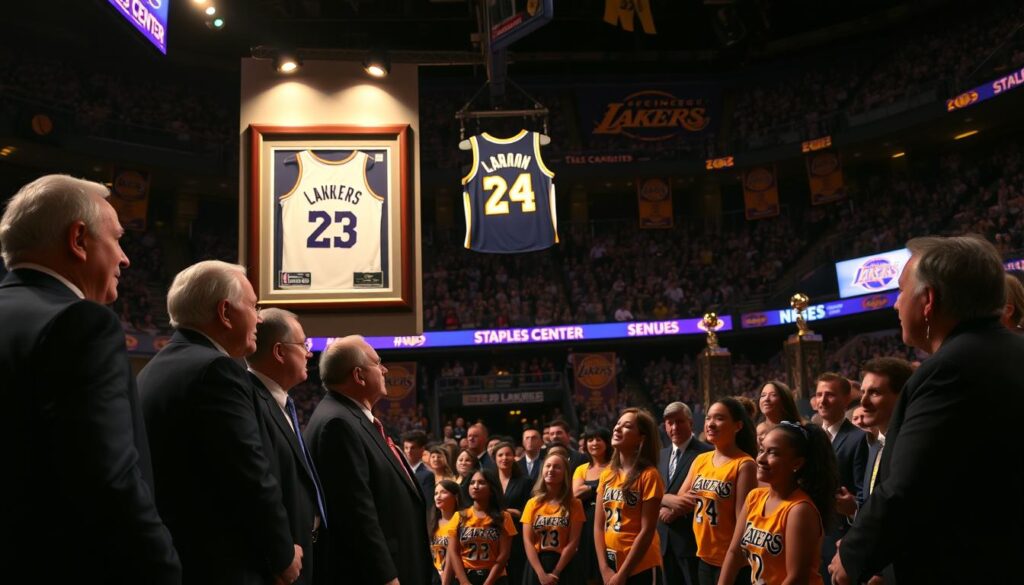 A vibrant and emotional scene of a jersey retirement ceremony inside the iconic Staples Center, with a spotlight illuminating a framed jersey hanging on the wall, showcasing the number and name of a legendary Lakers player. In the foreground, a small group of former players and team officials in professional business attire are engaged in contemplative conversation, their faces reflecting pride and nostalgia. The middle ground displays a captivated crowd, dressed in Lakers apparel, with joyful and excited expressions. In the background, the arena's banners and championship trophies are dimly lit, adding to the atmosphere of reverence. The lighting is warm and focused, casting soft shadows that enhance the emotional ambiance of celebration and tribute. The camera angle is slightly elevated, capturing the intensity and grandeur of the moment.