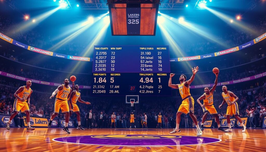 An artistic representation capturing the essence of the Lakers franchise records. In the foreground, a vibrant basketball court is depicted with the Lakers' iconic purple and gold colors prominently featured. In the middle, a scoreboard displays various milestones such as win counts, triple doubles, and three-point records, with highlighted stats radiating energy and excitement. Players in professional basketball attire showcase dynamic poses, emphasizing teamwork and athleticism, set against the backdrop of cheering fans in a packed arena. Bright spotlight effects illuminate the court, creating a dramatic atmosphere that conveys the thrill of historic moments. The composition should have a slight upward angle, enhancing the majesty of the scene while evoking a sense of achievement and celebration within the bustling basketball environment.