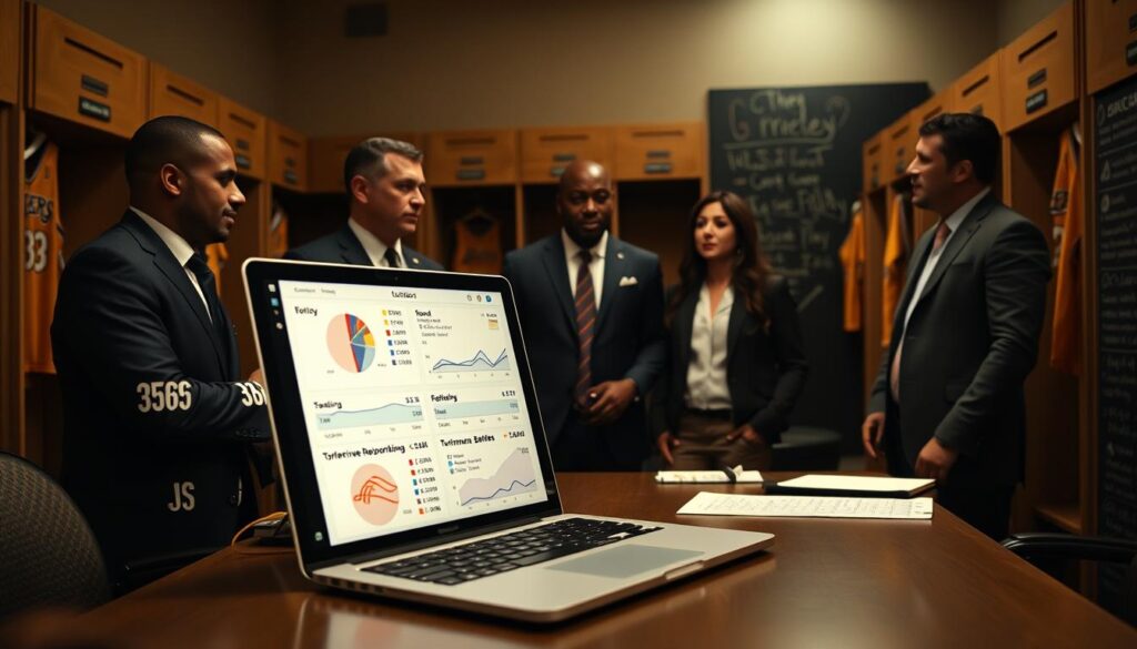An engaging Lakers postgame report scene showcasing advanced metrics and critical plays. In the foreground, display a laptop on a desk with detailed statistics and graphs illustrating effective field goal percentage, free throw rates, offensive rebounding, and turnover battles. In the middle, a group of professionals in smart casual attire engaged in discussion, with expressions of concentration and enthusiasm as they analyze the game. In the background, a dimly lit locker room adorned with Lakers colors, jerseys hanging on lockers, and a chalkboard filled with strategic notes. The lighting is warm yet focused, highlighting the data and the engaged group. The atmosphere is collaborative and analytical, capturing the essence of postgame reflections and teamwork.