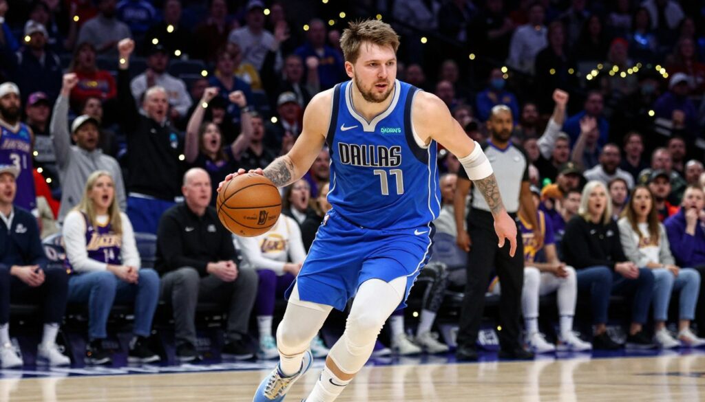 A dynamic basketball scene featuring Luka Doncic dribbling a ball, showcasing a powerful yet graceful movement on the court. He is dressed in a modern Dallas Mavericks uniform, with vibrant blue and silver colors. In the foreground, capture Luka's focused expression, highlighting his determination and skill. The middle ground includes a cheering crowd wearing Mavericks and Lakers jerseys, creating an energetic atmosphere. The background displays a blurred outline of the Staples Center, illuminated with festive holiday lights, symbolizing a Christmas Day game. Use dramatic lighting to create sharp contrasts and enhance the action, with a slight upward angle to emphasize Luka's agility and stature on the court. The overall mood is electric and hopeful, suggesting a new chapter for the post-LeBron Lakers era.