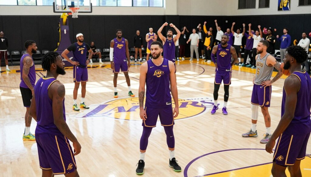 A dynamic scene featuring the Los Angeles Lakers roster gathered in a training facility, with a focus on Sandro Mamukelashvili prominently in the foreground. He is standing tall and confident in professional basketball attire, showcasing his physique and presence. Surrounding him are teammates, all in matching purple and gold uniforms, engaged in drills, emphasizing teamwork and camaraderie. The middle ground captures a well-lit basketball court with polished wood flooring and the Lakers logo. The background displays a cheering crowd, adding to the vibrant atmosphere of a pre-game warm-up. Natural daylight streams in through large windows, casting soft shadows, enhancing the energetic and hopeful mood of the team's preparation for the upcoming season.