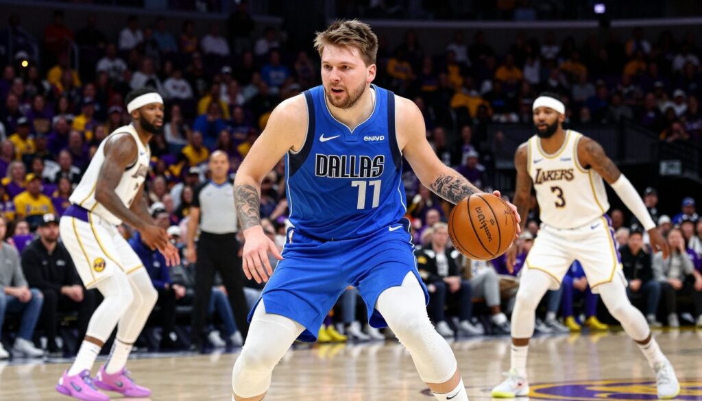 Luka Doncic is captured in a dynamic basketball pose, showcasing his intense focus and determination while dribbling the basketball. He is dressed in the Dallas Mavericks' signature blue and white jersey, with a professional and athletic demeanor. The foreground features him in sharp detail, emphasizing his expressive facial features and dynamic motion. In the middle ground, teammates can be seen engaging with separate plays, creating a sense of teamwork and competition. The background reveals a vibrant Staples Center crowd, filled with Lakers fans in purple and gold, and a spotlight illuminating Doncic. The lighting is bright, with a slight dramatic flair, mimicking the excitement of a live basketball game. The image conveys an atmosphere of anticipation and rivalry, perfectly embodying the competitive spirit of the upcoming match.