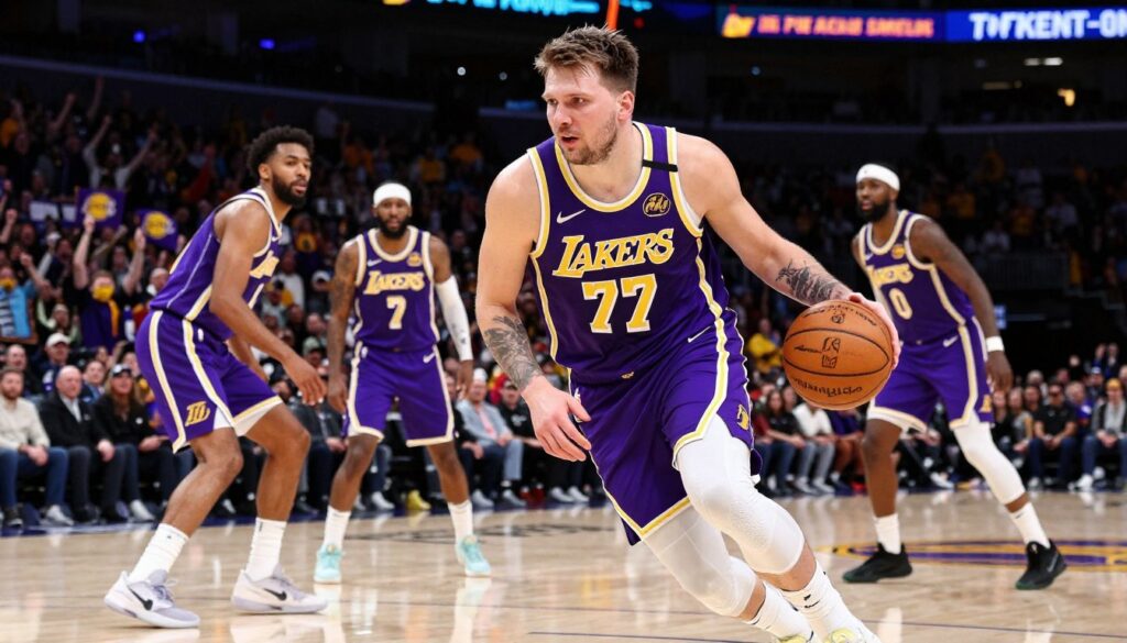 Luka Doncic, wearing a sleek Los Angeles Lakers uniform, is dribbling the basketball with determination on the court. His expression reflects focus and intensity, embodying a leader ready to guide the team. In the foreground, detail his athletic build and the iconic purple and gold colors of the Lakers uniform. Surrounding him in the middle ground, teammates are positioned dynamically, engaged in supportive gameplay. The background features a packed arena filled with excited fans waving Lakers flags, under vibrant arena lighting that enhances the electric atmosphere. The perspective is slightly low-angle to emphasize Luka’s stature and prowess, capturing a moment of action at dusk, casting soft shadows and highlighting the teamwork and spirit of competition.
