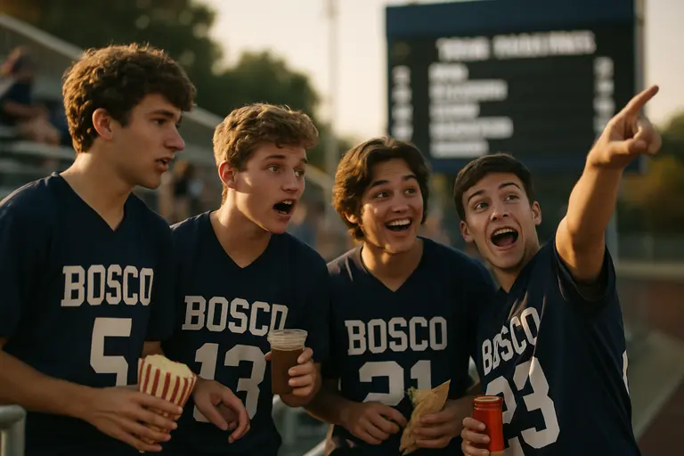 A high school football crowd watches players warm up before kickoff