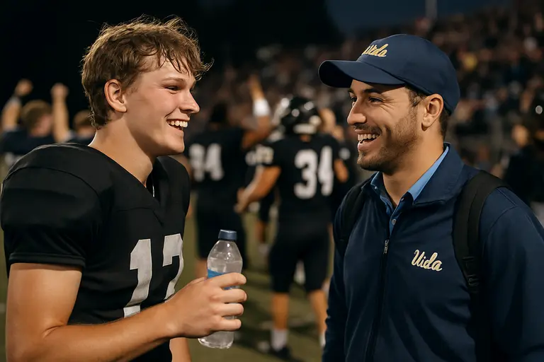 A high school receiver trains on a turf field before college recruitment