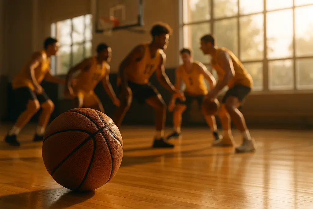 Cal State LA Basketball players practice as Michael Cooper watches from the sideline