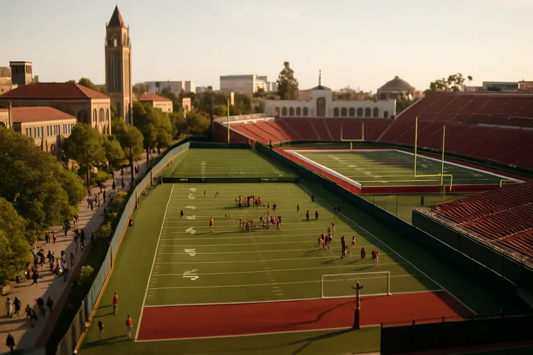 Modern college football facility beside outdoor fields on an urban campus