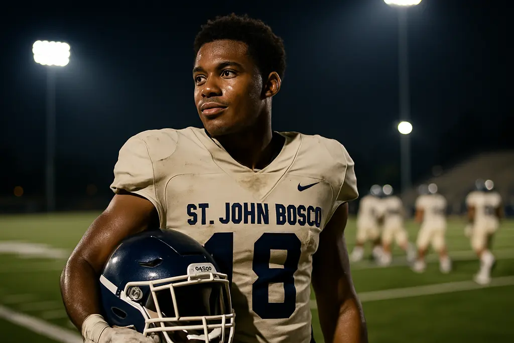 St. John Bosco players line up for preseason football practice on a bright field
