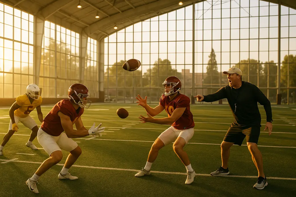 USC Football Facilities with players training near outdoor practice fields in Los Angeles